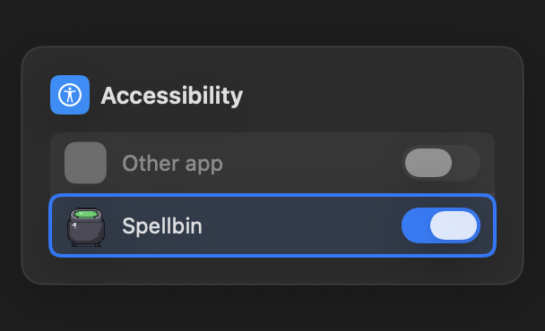 The Accessibility list in System Settings with Spellbin switched on